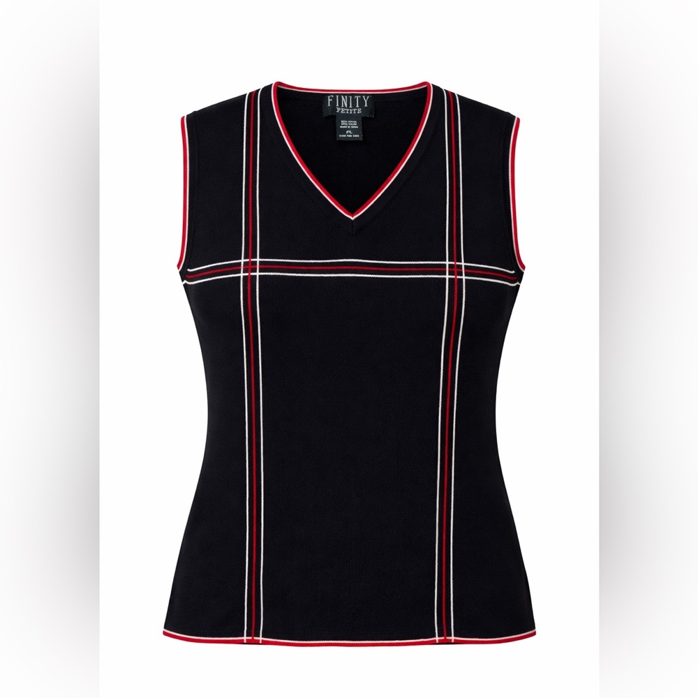 Finity Petite Sweater Vest Size PL Black Red White Plaid V-Neck Knit